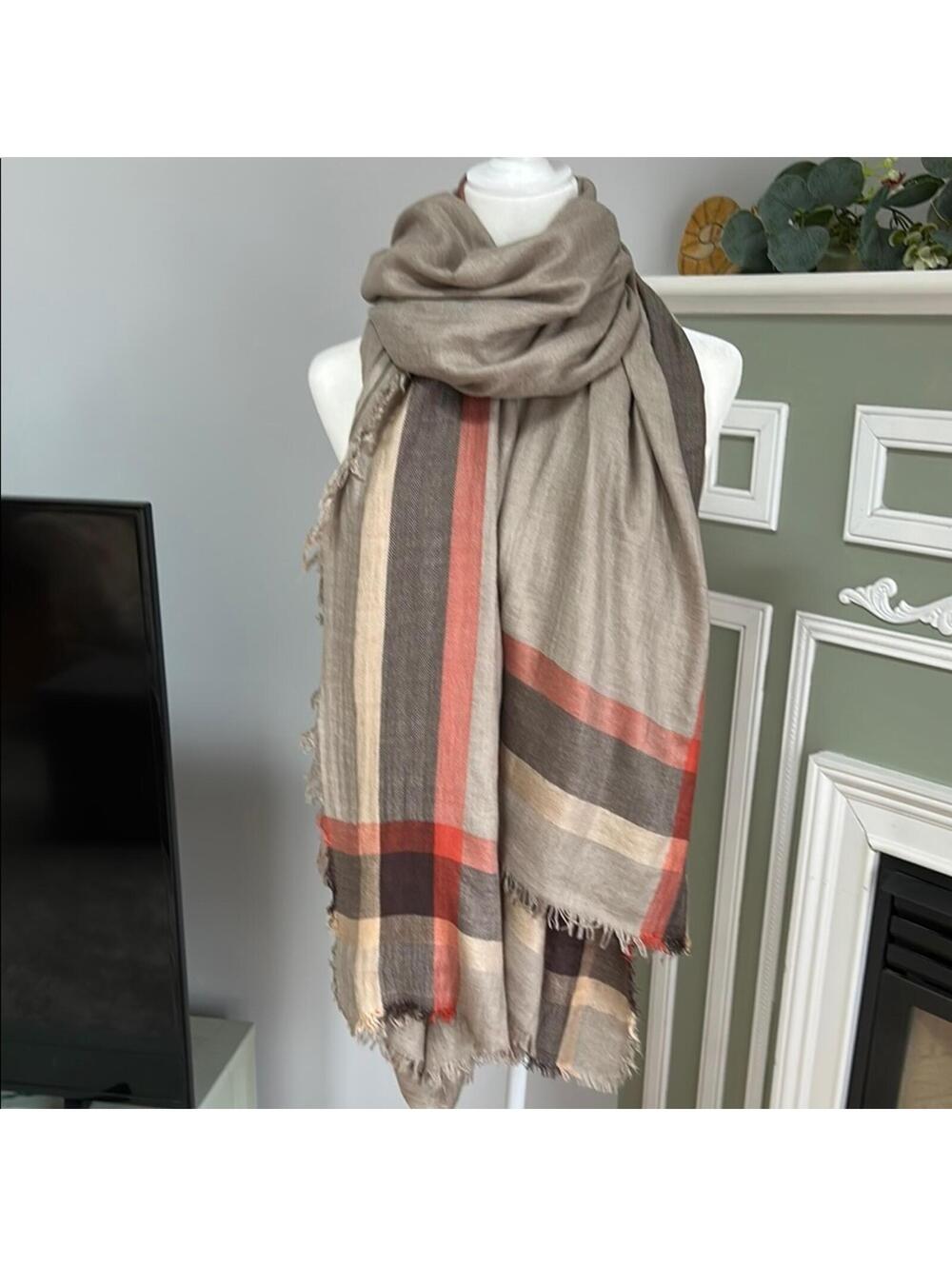 Elegant Striped Scarf/Wrap in Beige and Red